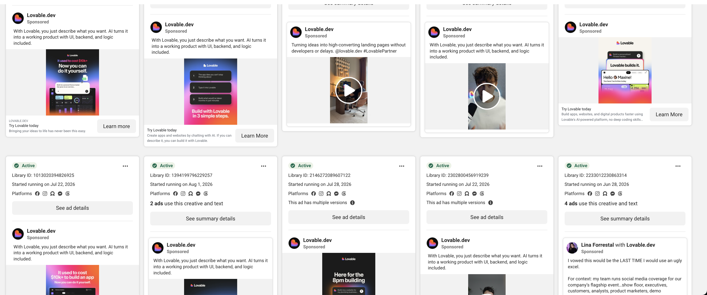 Lovable's Meta ad library: UGC creator ads and display ads saying it used to cost $10k, now you can do it yourself